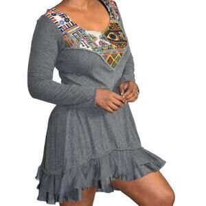 Johnny Was 4 Love Liberty Dress Gray Tunic Top Patchwork Embroidery Ruffle Small